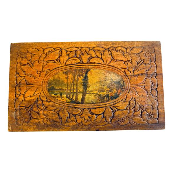 VTG Floral CARVED WOOD DOVE TAIL HINGED TRINKET JEWELRY BOX Pastoral Scene - Picture 1 of 10